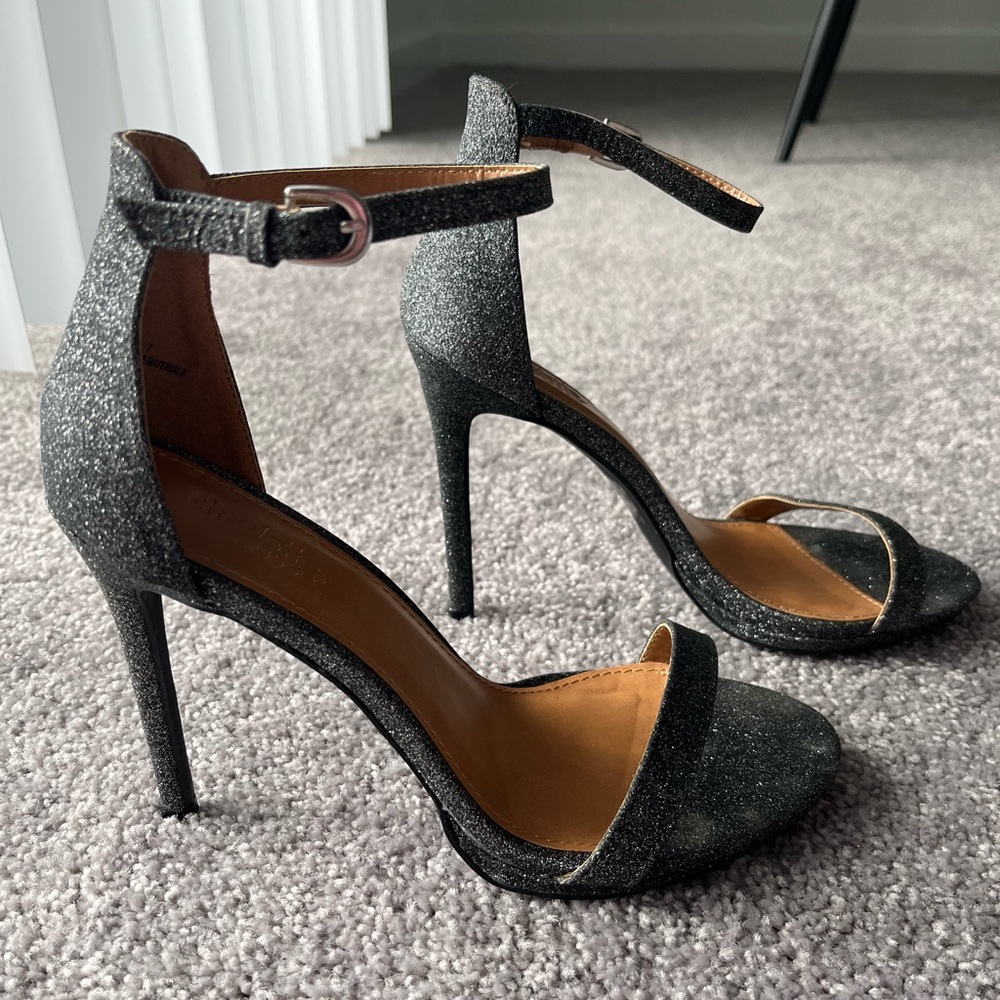 Silver glitter open toe heels